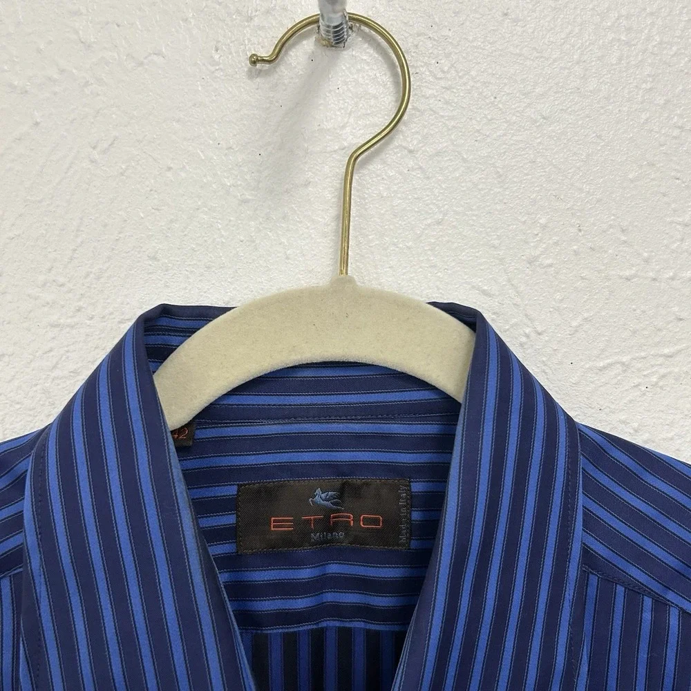 ETRO Long Sleeve Striped Button Shirt‎ Cotton Blue Black Made In Italy Size 42